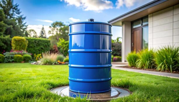 Home rainwater harvesting barrel with downspout diverter soft overcast unbranded representing water saving setup suitable for sustainability editorial and product design photo
