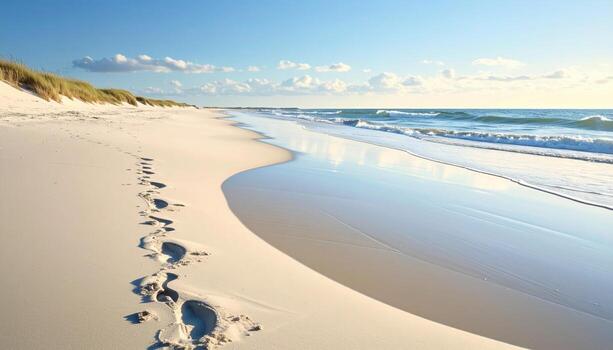 Shoreline swash mark on pale sand at slack tide broad airy background representing coastal line texture suitable for calm seascape and editorial design photo