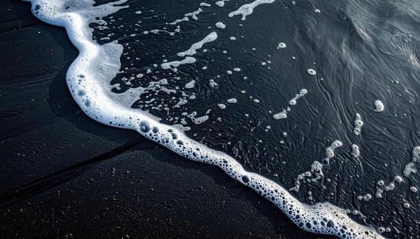 Subtle foam lace left by a receding wave across matte basalt gentle negative area representing coastal line texture suitable for calm seascape and editorial design photo
