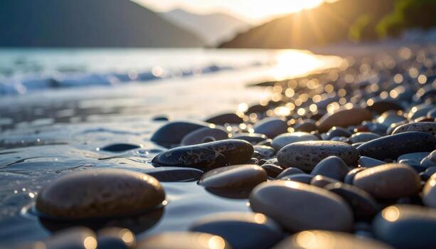 Smooth pebble strand with single wet highlight line serene surface representing natural stone background suitable for spa zen and editorial design photo