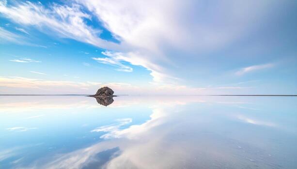 sutil cielo reflexión en todavía agua pan medio marco franqueza para texto representando tranquilo paisaje acuático adecuado para calma natural y editorial diseño foto