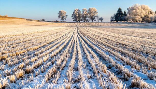 Winter stubble field coated in rime quiet geometry open upper third wallpaper background representing seasonal rural texture suitable for calm landscape and editorial design photo