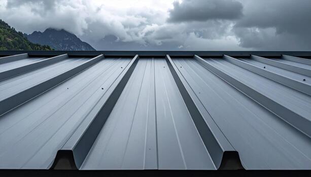 Zinc standing seam roof in overcast subdued graphite banner ready wallpaper background representing modern facade texture suitable for clean architectural and branding design photo