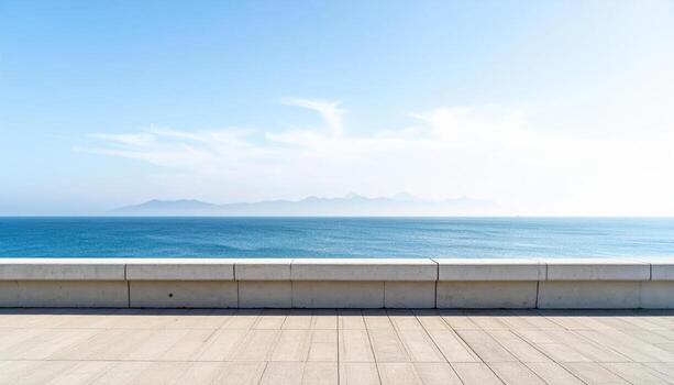 Sea wall parapet line with distant haze simple geometry and sky representing urban coast form suitable for clean architectural and seascape editorial design photo
