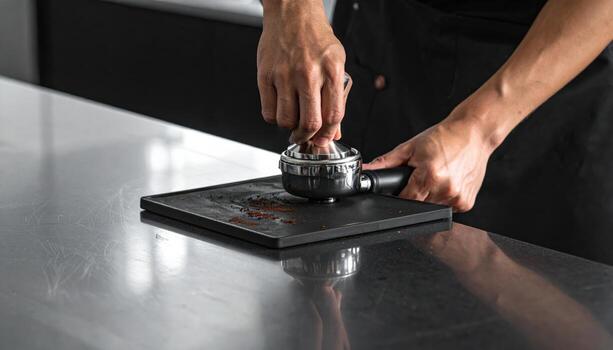 Barista hands tamping coffee neutral setup controlled reflections on open surface minimal cafe background with wide copy space for branding and menu design photo