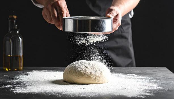 Baker dusting flour over plain dough airborne particles in light airy studio minimal food background with generous copy space for recipe banner and bakery branding photo