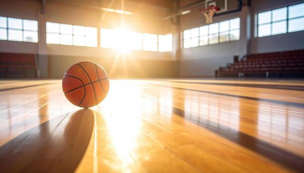 Basketball dribble shadow on gym floor subtle gloss and wide empty band sports background minimal scene with large copy space for banner poster or headline photo