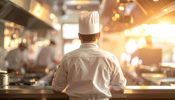 Chef back view at pass window warm light blurred kitchen and clean upper band restaurant service background with generous copy space for banner menu and branding photo