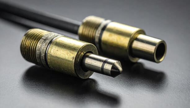 Barrel power jack and plug set partially mated clean metal ring close up isolated white background technical product image with copy space for electronics repair and hardware photo