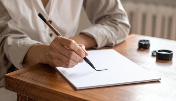 Calligrapher at low table with brush poised over blank sheet quiet minimal scene soft light and generous copy space for banner template and creative background photo
