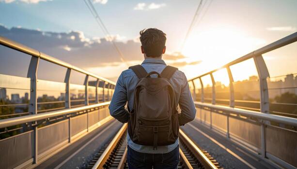 Back view commuter on footbridge soft rail lines lead into generous top space urban travel background minimal scene with copy space for banner or headline photo