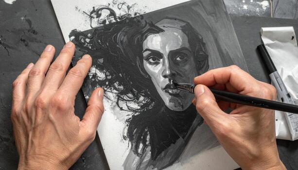 Artists hands blending charcoal on paper close up in minimal studio soft light and neutral background with clean copy space for art education and process photo