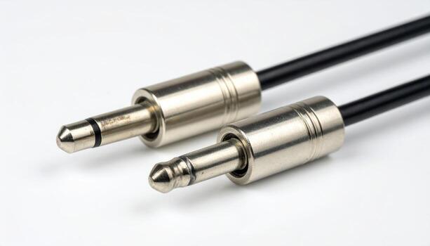 Banana plug pair with bare tinned ends isolated on white background clean studio macro with copy space for audio electronics and product listing photo