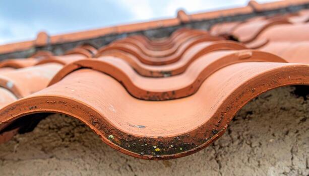 Ceramic roof tile underside curve in muted terracotta with upper copy strip clean studio material background for architecture and construction layout photo