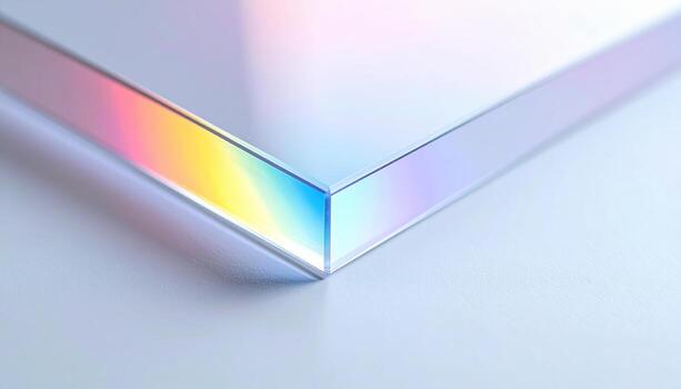 Clear acrylic sheet edge with faint rainbow fringe minimal palette and top copy strip clean material background for product mockup signage design and modern layout photo
