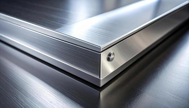 Brushed aluminum toe kick panel soft linear grain even light and generous copy space calm material background for interior design and modern layout photo