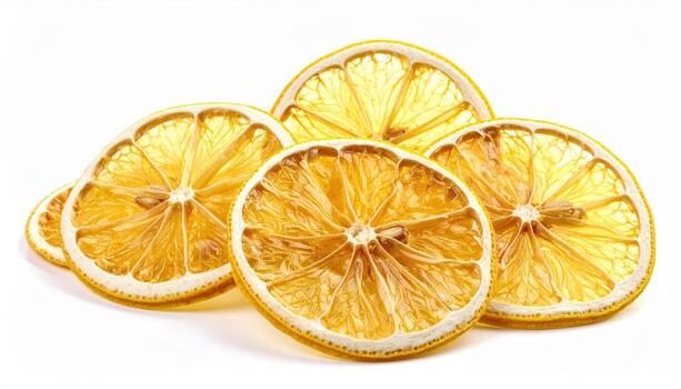 Dehydrated lemon slices with translucent rings isolated on white background clean studio packshot with ample copy space for recipe menu and ecommerce listing photo