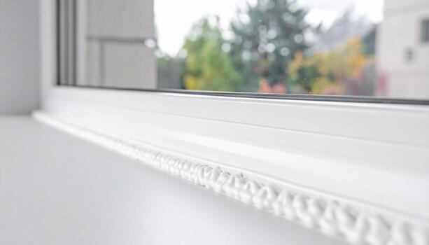 Clean window sill seam caulk bead with subtle curve and copy zone on the left neutral interior background for home improvement and architecture layout photo