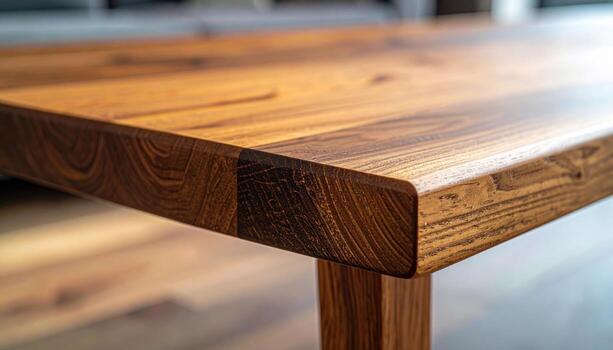 Coffee table wood veneer book match seam refined warm tone with copy zone left clean surface background for furniture branding layout and modern interior design photo