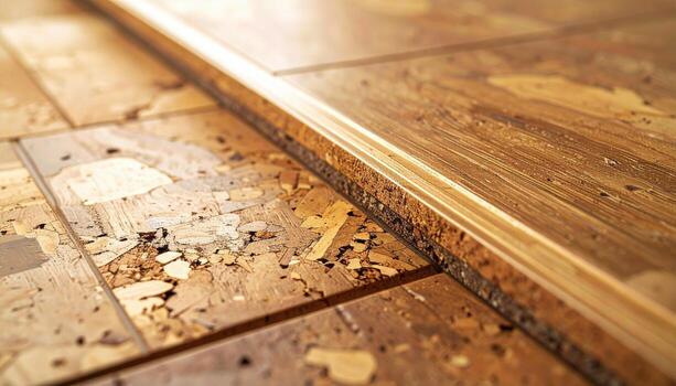 Cork floor tile seam meeting perfectly in honey neutrals warm tone with top copy band calm material background for interior design and architecture layout photo