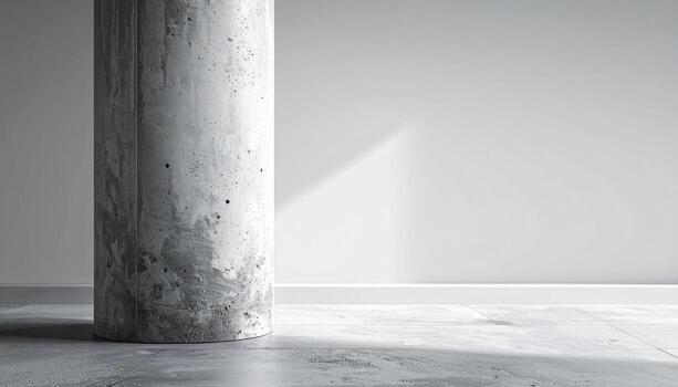 Matte concrete column with subtle form tie ghost airy vignette and copy zone on the right calm architectural background for branding banner and modern layout photo