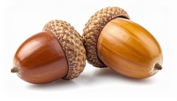 Acorn cupule and nut separated isolated on white background clean studio minimal still life with wide copy space for education nature and botanical design photo