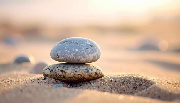 Smooth river pebble cluster partly embedded in sand soft overcast field with upper copy band calm nature texture background for banner and layout photo
