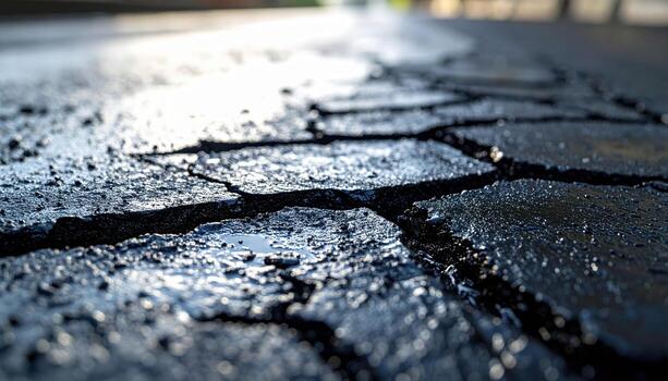 Wet asphalt drying in irregular patches gentle gradient with wide copy band on top neutral road texture background for banner and modern layout photo