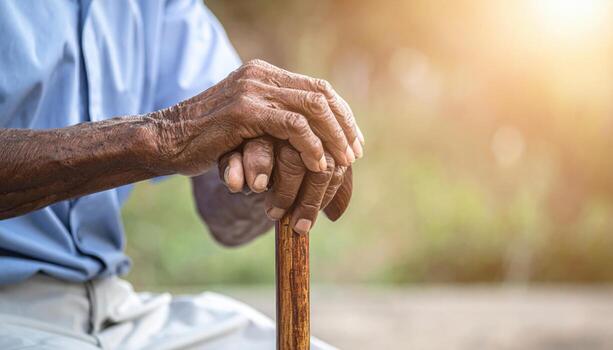 Elderly hands resting on walking stick warm tones soft vignette and ample space minimal background for healthcare caregiving and senior living content photo