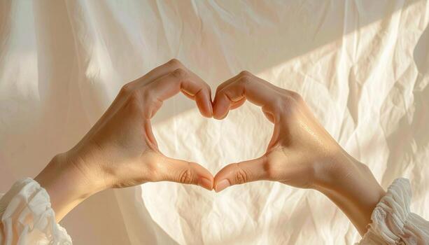Hands forming a heart projected onto linen backdrop soft romance neutral tones minimal scene with clean copy space for wellness lifestyle and relationship themes photo