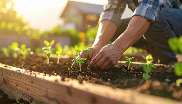 Hands planting a seedling in a raised bed uncluttered soil plane soft light and generous copy space clean gardening background for education and branding photo