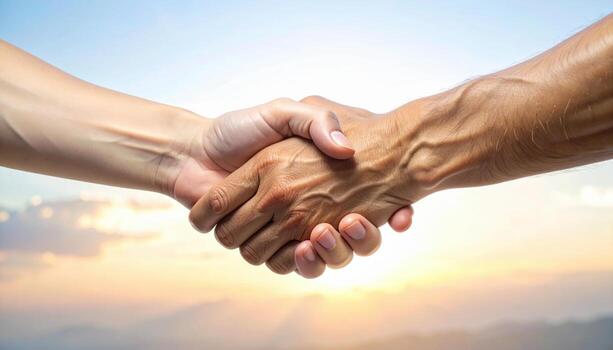 Handshake between two adults in diffuse daylight wrists and hands only minimal background with clean copy space for business partnership community and teamwork themes photo