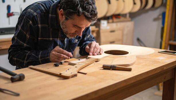 Luthier inspecting neck joint at warm bench open composition and clean background craft workshop scene with copy space for instrument making branding and repair themes photo