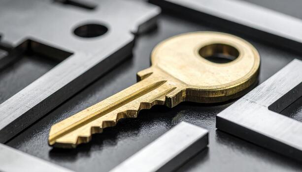 Macro shaft key and keyway sample aligned but separated precise edges clean mechanical background with copy space for catalog template and engineering layout photo