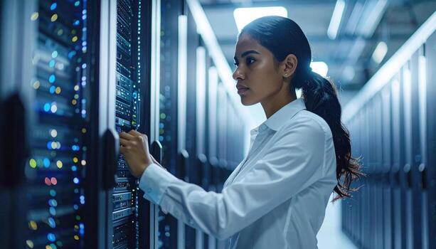 IT professional swapping drive in server rack brandless setup soft rim light clean technology background with copy space for industry banner and service branding photo