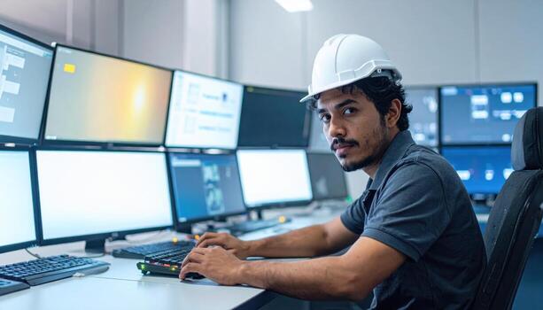 Operator at control panel with screens blurred clean ambient scene and large space for text minimal industrial background for technology branding photo