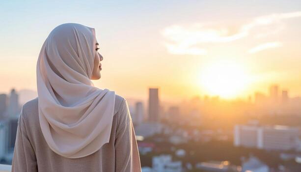 Muslimah back view in plain hijab with neutral city backdrop elegant negative space modern lifestyle scene with copy space for banner and branding photo