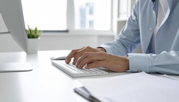 Office worker hands on keyboard at tidy desk shallow depth clean neutral background with wide copy space for business branding and productivity themes photo