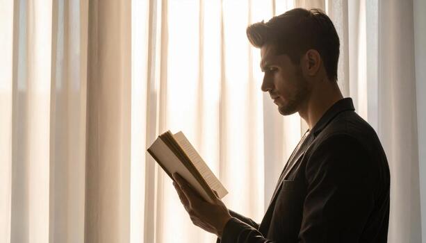 Profile shadow of a person reading near sheer curtain bright wash and spacious background calm indoor scene with wide copy space for lifestyle design photo