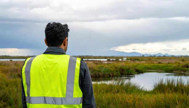 Researcher back view in safety vest near wetland overcast gradient field scene with generous copy space environmental science and conservation editorial photo