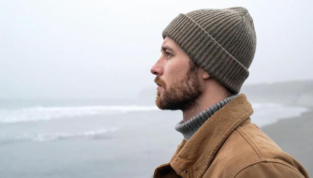 Side profile of person in beanie looking to sea foggy background minimal horizon calm travel scene with generous copy space for banner and lifestyle design photo