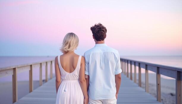 Two adults back to camera on boardwalk at blue hour gentle horizon glow minimal scene for banner backgrounds with roomy gradient and large copy space photo
