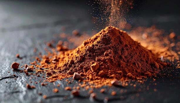 Cocoa powder mist lightly dusted on dark slate soft vignette and upper right copy space culinary minimal background photo