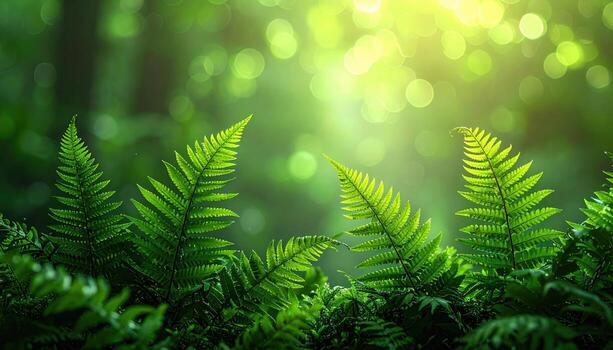 Fern frond bokeh at forest edge deep green gradient lower left copy zone moist atmosphere calm background photo