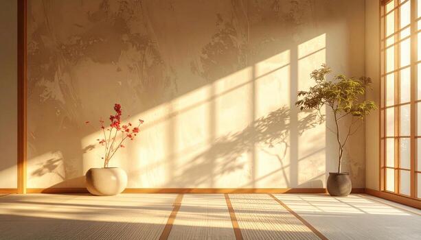Backlit shoji like paper wall texture warm morning glow with left side copy space architectural minimal background photo