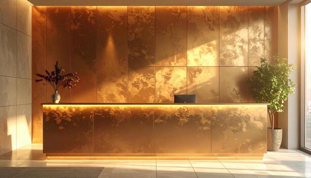 Brushed bronze panel with warm gradient and soft raking light right margin copy space hospitality mood background photo