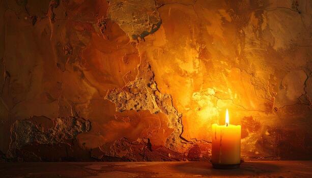 Candlelight glow bleeding into warm plaster falloff to deep amber with right third copy area cozy editorial background photo