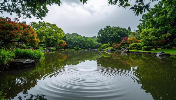 Gentle rainfall on still pond making concentric ripples upper third empty tranquil nature background photo