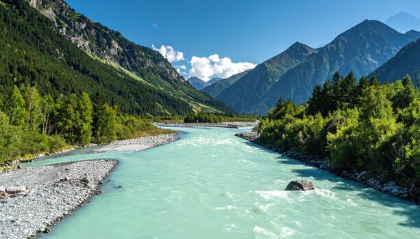 Glacial silt gradient in alpine river muted turquoise with left third negative space natural pastel field photo