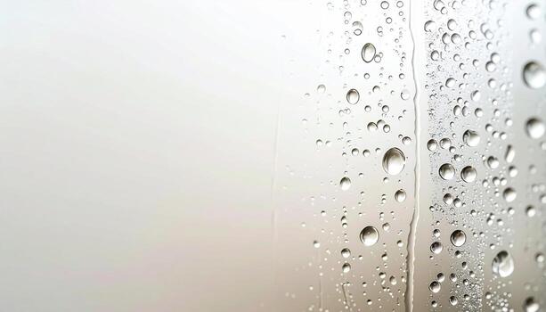Gentle rain on glass against neutral backdrop beads in sharp focus left third copy space editorial minimalism photo